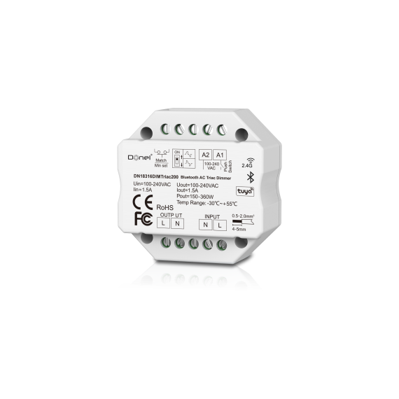 Donolux DN18316DIMTriac200 Диммер BT+RF+Push, AC 230В 1 канал.1.5А, макс.мощность LED 200Вт, Push-Dim