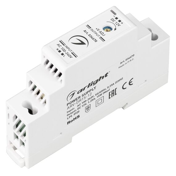Arlight 034670 Блок питания ARV-DR15-12 (12V, 1,25A, 15W) (Arlight, IP20 DIN-рейка) 034670