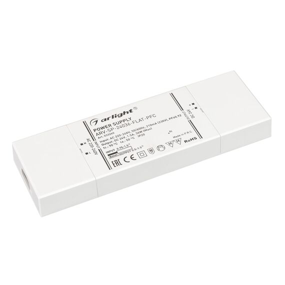 Arlight 033260 Блок питания ARV-SP-24036-FLAT-PFC (24V, 1,5A, 36W) (Arlight, IP20 Пластик, 5 лет) 033260