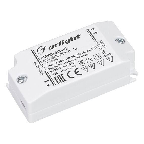 Arlight 033274 Блок питания ARV-SN24008-B (24V, 0,33A, 8W) (Arlight, IP20 Пластик, 3 года) 033274