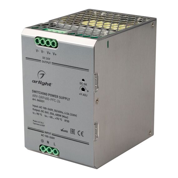 Arlight 040231 Блок питания ARV-DRP480-PFC-24 (24V, 20A, 480W) (Arlight, IP20 Металл, 5 лет) 040231