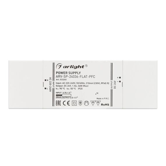 Arlight 033260 Блок питания ARV-SP-24036-FLAT-PFC (24V, 1,5A, 36W) (Arlight, IP20 Пластик, 5 лет) 033260, изображение 4