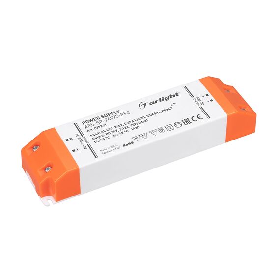 Arlight 039241 Блок питания ARV-SP-24075-PFC (24V, 3,12A, 75W) (Arlight, IP20 Пластик, 5 лет) 039241