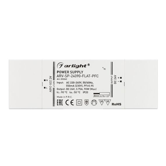 Arlight 033262 Блок питания ARV-SP-24090-FLAT-PFC (24V, 3,75A, 90W) (Arlight, IP20 Пластик, 5 лет) 033262, изображение 4