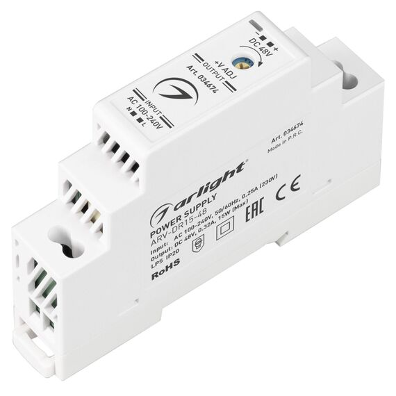 Arlight 034674 Блок питания ARV-DR15-48 (48V, 0,32A, 15W) (Arlight, IP20 DIN-рейка) 034674
