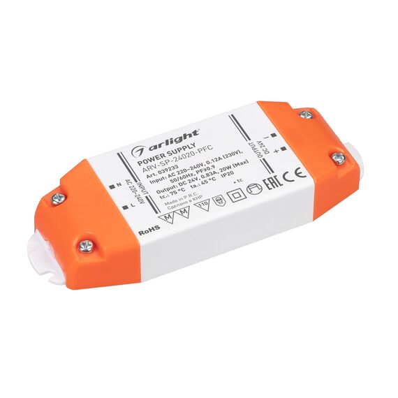 Arlight 039233 Блок питания ARV-SP-24020-PFC (24V, 0,83A, 20W) (Arlight, IP20 Пластик, 5 лет) 039233
