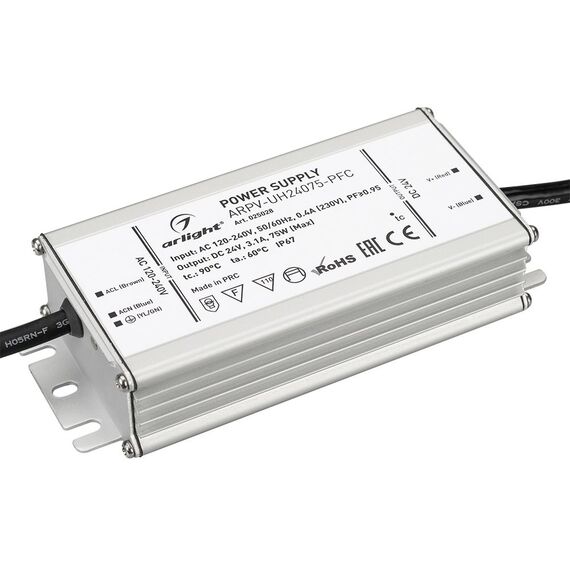 Arlight 025028 Блок питания ARPV-UH24075-PFC (24V, 3,1A, 75W) (Arlight, IP67 Металл, 7 лет) 025028, изображение 2