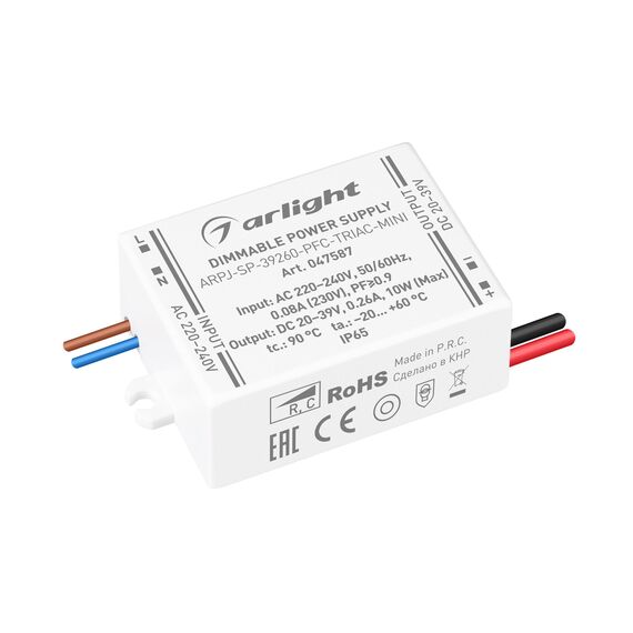 Arlight 047587 Блок питания ARPJ-SP-39260-PFC-TRIAC-MINI (10W, 20-39V, 260mA) (Arlight, IP65 Пластик, 5 лет) 047587