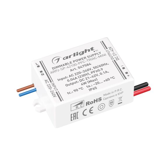 Arlight 047584 Блок питания ARPJ-SP-42100-PFC-TRIAC-MINI (4W, 21-42V, 100mA) (Arlight, IP65 Пластик, 5 лет) 047584