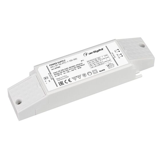 Arlight 027585 Блок питания ARJ-SP-50-PFC-1-10V-INS (50W, 900-1200mA) (Arlight, IP20 Пластик, 5 лет) 027585