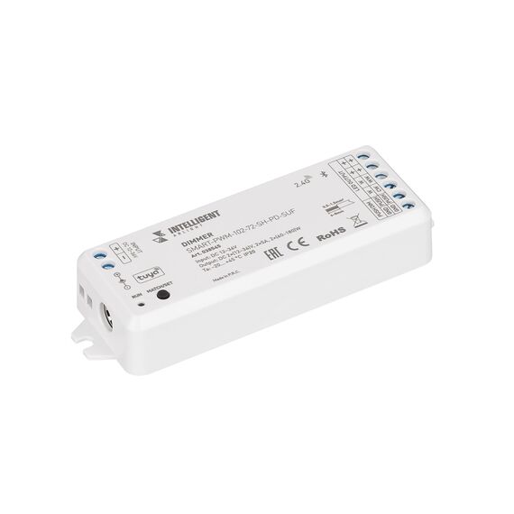 Arlight 038545 INTELLIGENT ARLIGHT Диммер SMART-PWM-102-72-SH-PD-SUF (12-36V, 2x5A, TUYA BLE, 2,4G) (IARL, IP20 Пластик, 5 лет) 038545