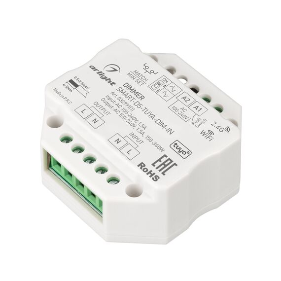 Arlight 032991(1) Диммер SMART-D5-TUYA-DIM-IN (230V, 1,5A, TRIAC, WiFi, 2,4G) (Arlight, IP20 Пластик, 5 лет) 032991(1)