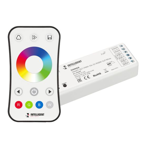 Arlight 036187 INTELLIGENT ARLIGHT Диммер SMART-SET-PWM-104-52-RGBW-SUF White (12-24V, 4x4A, ПДУ RING 10кн, 2,4G) (IARL, IP20 Пластик, 5 лет) 036187