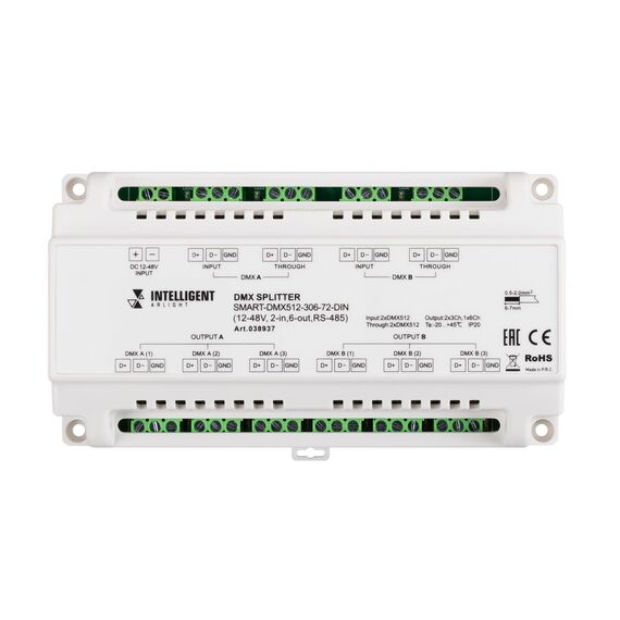 Arlight 038937 INTELLIGENT ARLIGHT Сплиттер SMART-DMX512-306-72-DIN (12-48V, 2-in, 6-out, RS-485) (IARL, IP20 Металл, 5 лет) 038937, изображение 6