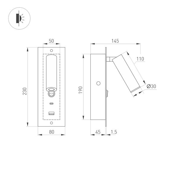 Arlight 046880 Светильник SP-BED-CHARGE-BUILT-S80x230-3W Warm3000 (BK, 20 deg, 230V, USB-A, USB-C) (Arlight, IP20 Металл, 3 года) 046880, изображение 5