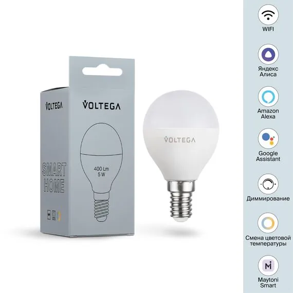 Voltega   2428 Светодиодная диммируемая лампа Wi-Fi Voltega E14 5W 2700K VG 2428 шар матовый, изображение 8