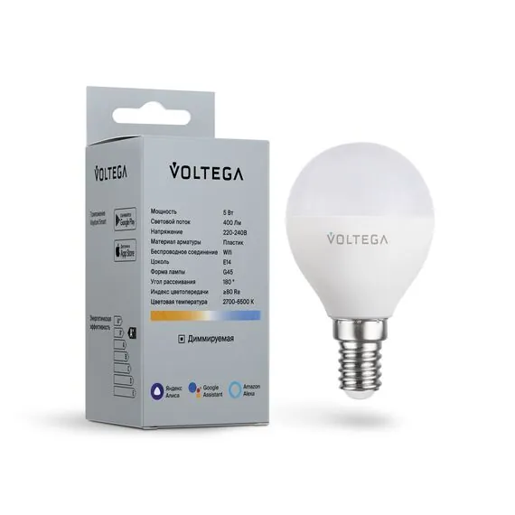 Voltega   2428 Светодиодная диммируемая лампа Wi-Fi Voltega E14 5W 2700K VG 2428 шар матовый, изображение 3
