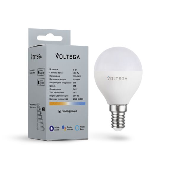 Voltega   2428 Светодиодная диммируемая лампа Wi-Fi Voltega E14 5W 2700K VG 2428 шар матовый, изображение 3