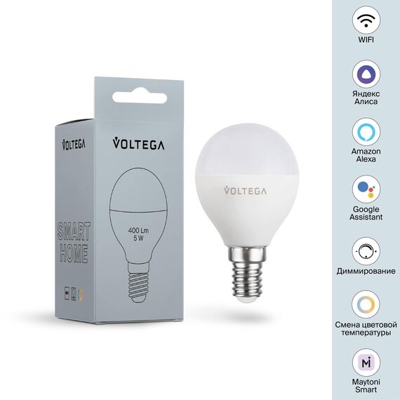Voltega   2428 Светодиодная диммируемая лампа Wi-Fi Voltega E14 5W 2700K VG 2428 шар матовый, изображение 8