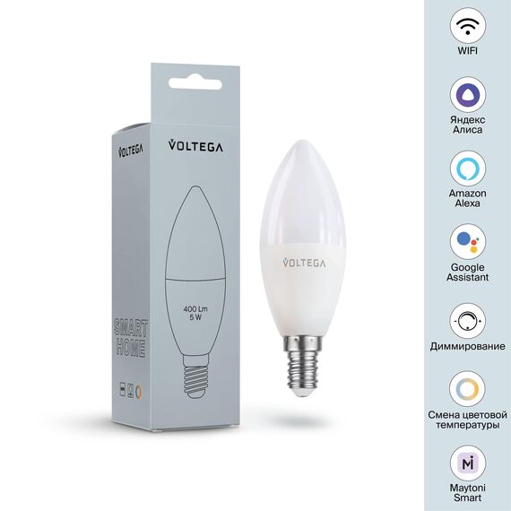 Voltega   2427 Светодиодная диммируемая лампа Wi-Fi Voltega E14 5W 2700K VG 2427 свеча матовая, изображение 8
